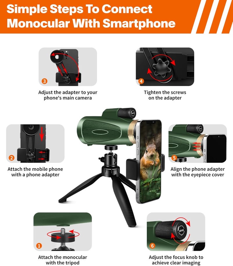 KTBDING Monocular Telescope 80x100 High Power with Smartphone Adapter Tripod,Larger Vision Monoculars for Adults with BAK4 Prism & FMC Lens, Suitable for Bird Watching Hunting Hiking Camping Wildlife-Green - Image 5